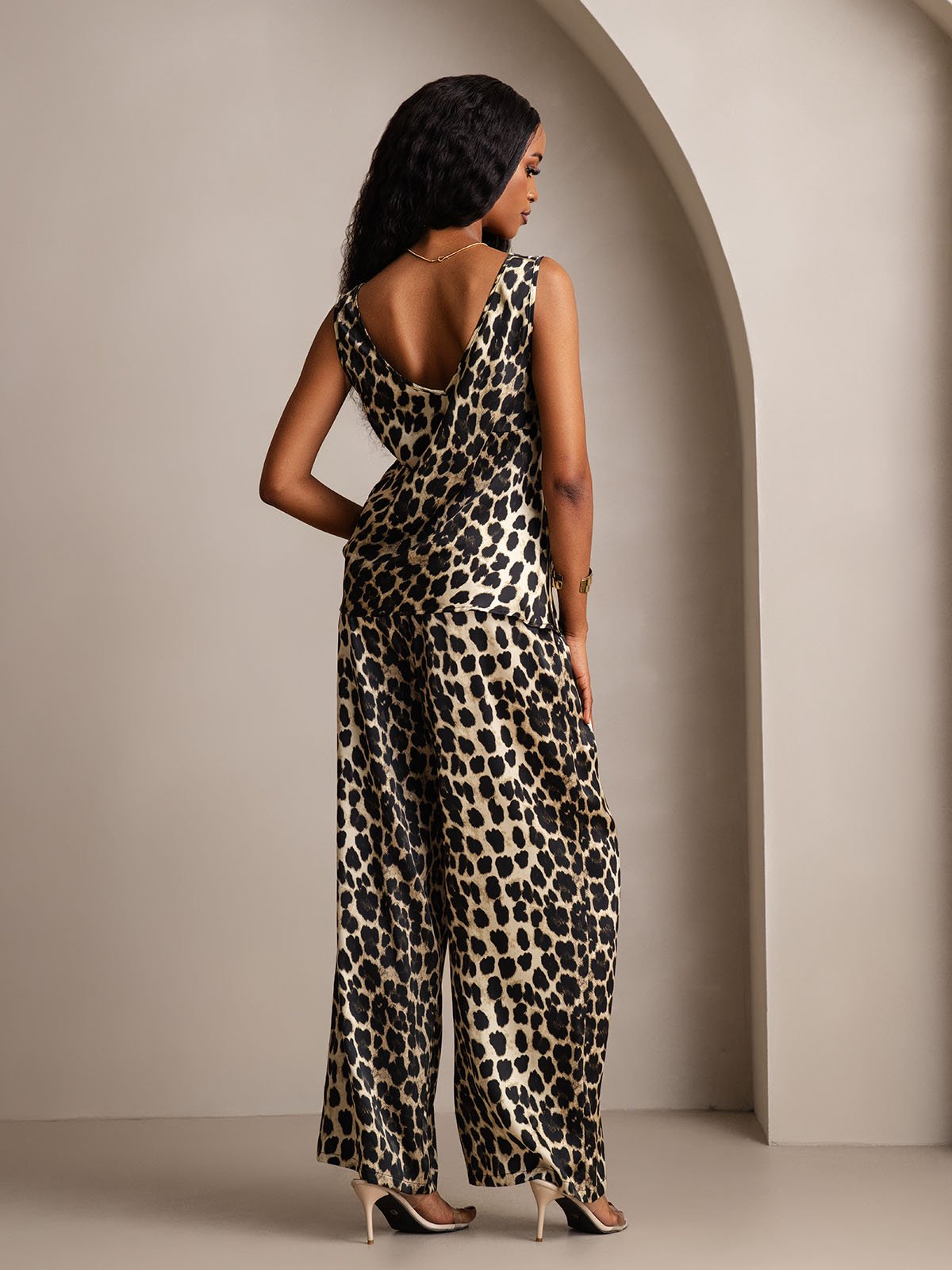 SilkSilky-CA Pure Silk V Neck Women''s Outfit Sets Leopard 002