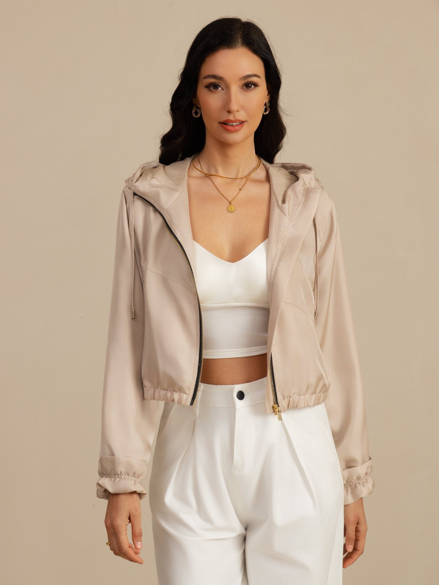 [Tan] SilkSilky-CA 18Momme Silk Satin Surah Long Sleeve High Neck Women's Outerwear 005