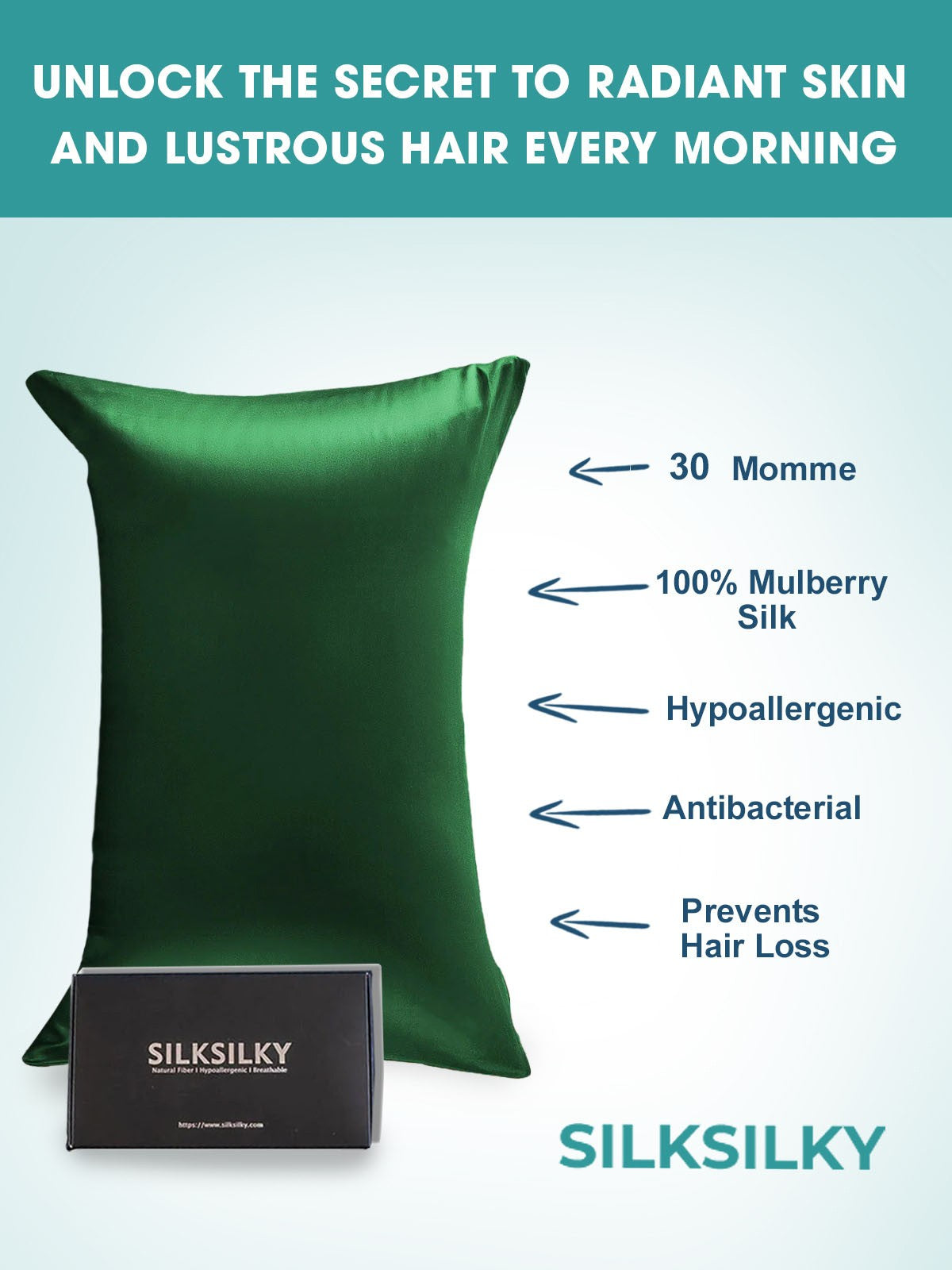 SilkSilky CA 30Momme Pure Silk Pillowcase DarkGreen 002