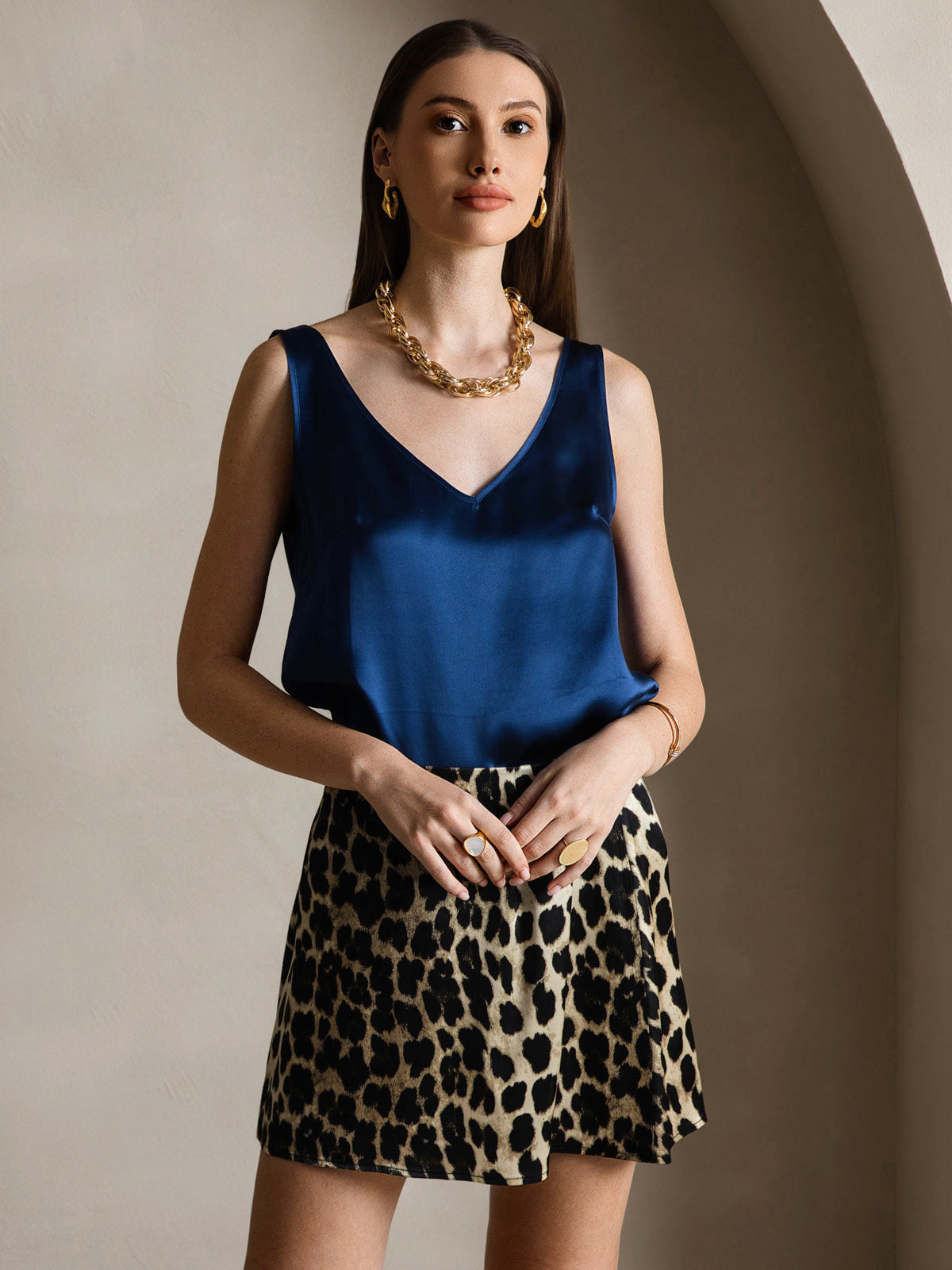 [Dark Blue] SilkSilky-CA 19Momme Silk V Neck Camisole 001
