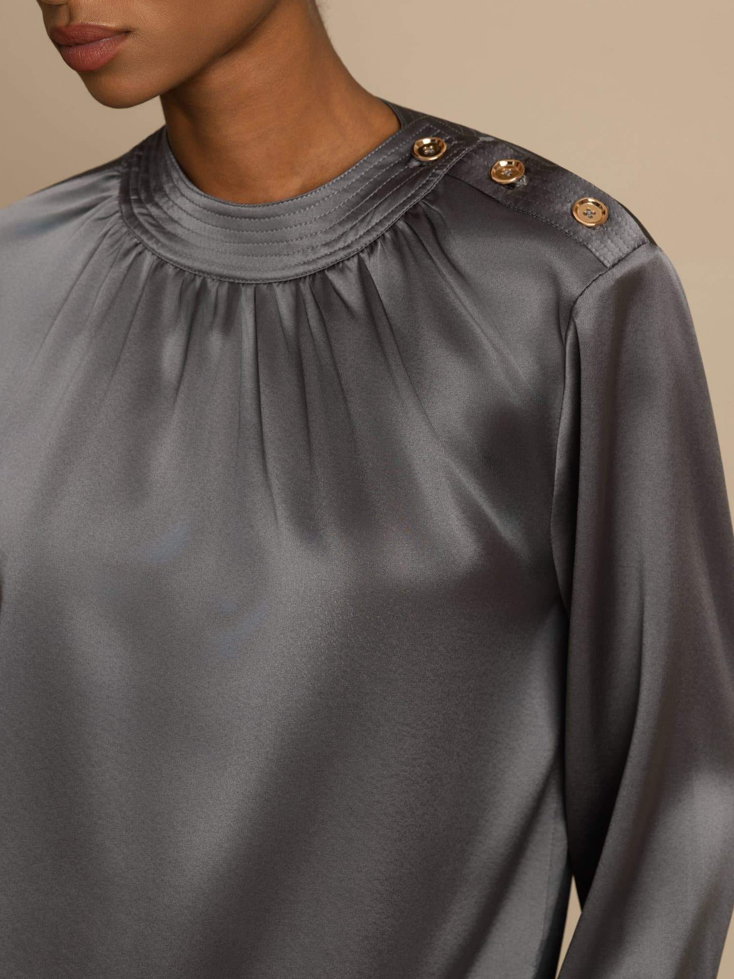 [Dark Gray] SilkSilky-CA 19Momme Stretch Silk Charmeuse Long Sleeve Round Neck Blouse 006