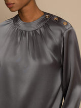 [Dark Gray] SilkSilky-CA 19Momme Stretch Silk Charmeuse Long Sleeve Round Neck Blouse 006