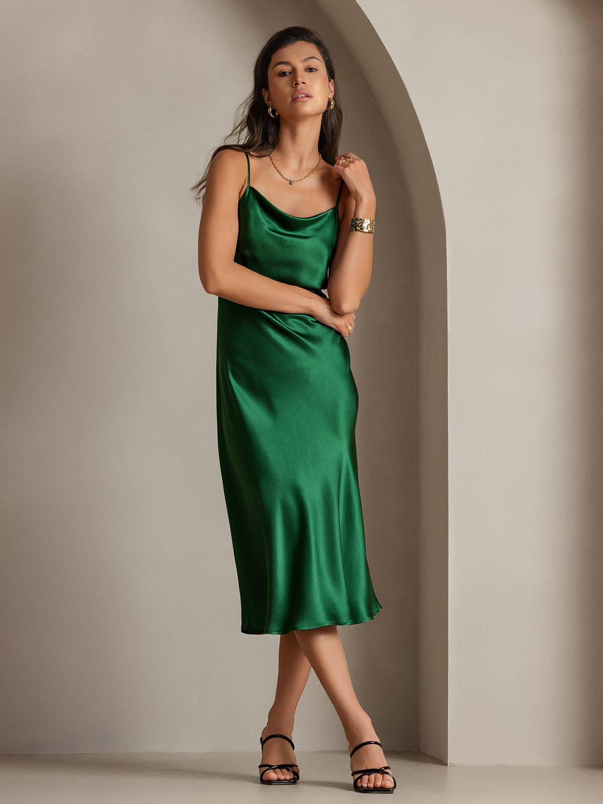 SilkSilky CA Pure Silk Sleeveless Cowl Neck Dress Green 004