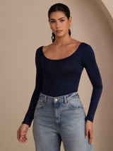 [Dark Blue] SilkSilky-CA Long Sleeve U Neck Women's T-Shirt 001