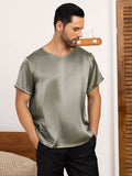 SilkSilky CA Pure Silk Short Sleeve V Neck Men's T Shirt GrayishGreen 003