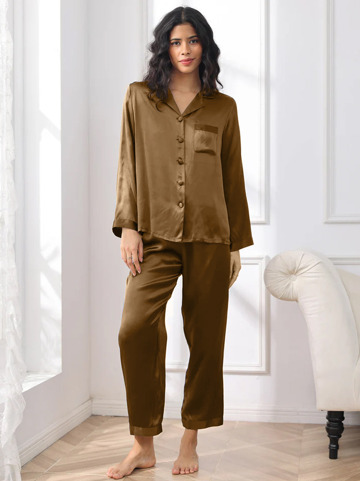 [Brown] SilkSilky-CA Pure Silk Notch Collar Women's Pajamas 001,