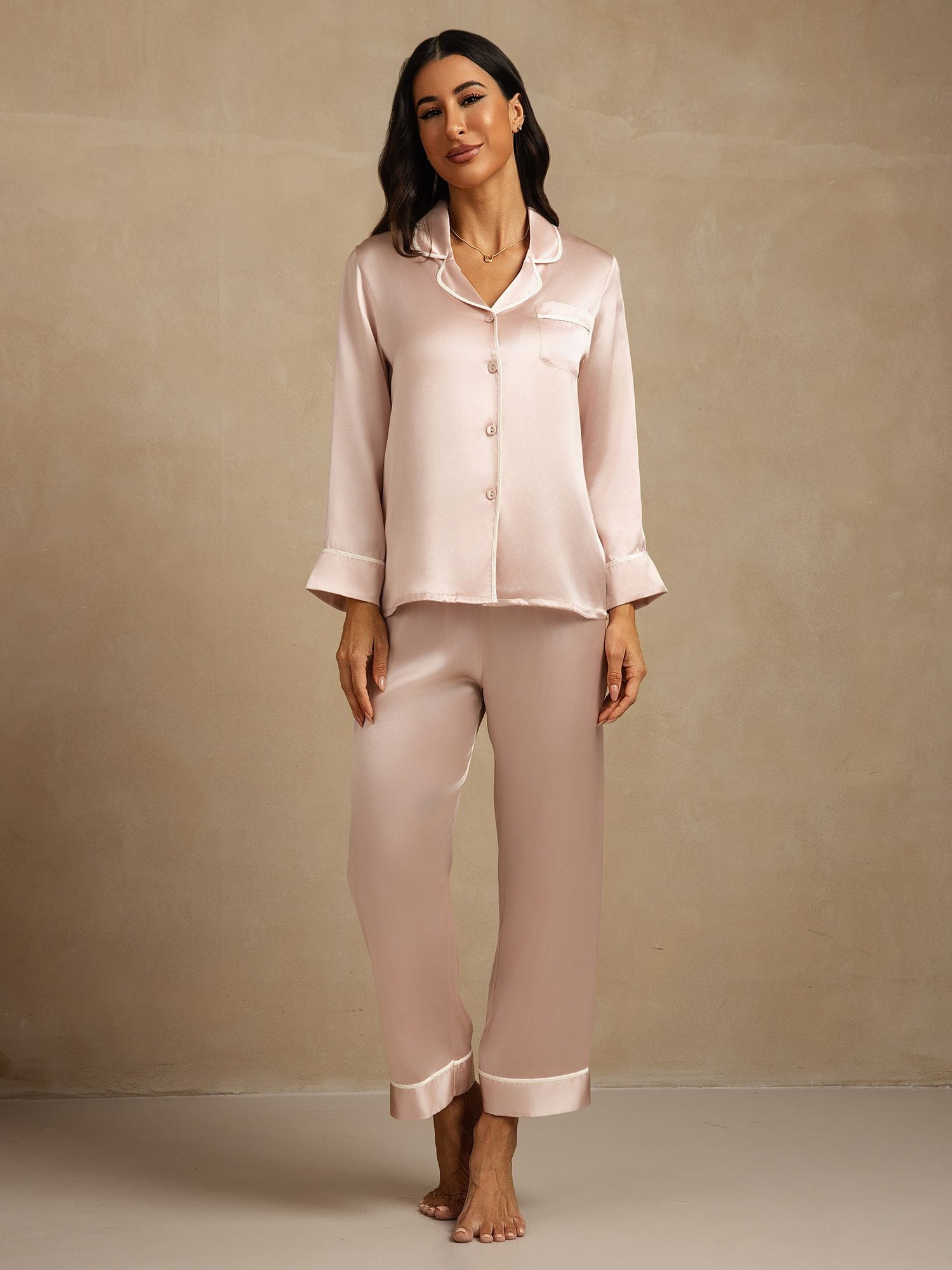 [Pink] SilkSilky-CA Pure Silk Lapel Collar Women's Pajamas 007