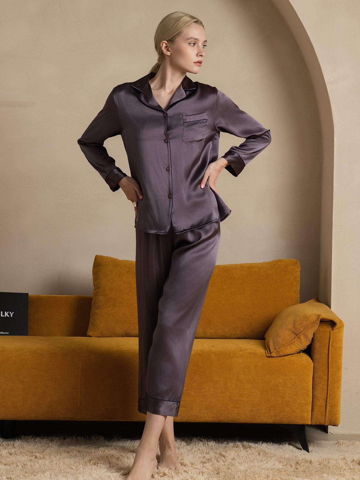 SilkSilky-CA Pure Silk Long Sleeve Lapel Women's Pajamas PurpleGray 001