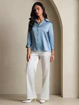 [Grayish Blue] SilkSilky-CA 19Momme Stretch Silk Charmeuse 3/4 Sleeve Lapel Collar Women's Shirt 005