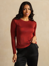 [Fired Brick] SilkSilky-CA 100% Silk Jersey Long Sleeve Crew Neck Women's T-Shirt 003