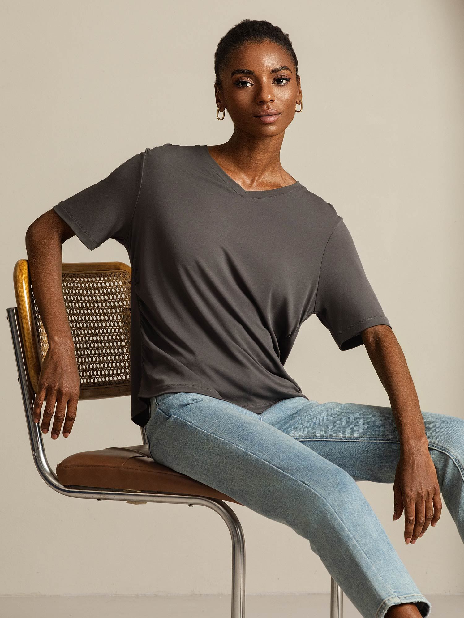[Gray] SilkSilky-CA Pure Silk V Neck Women's T-Shirt 007