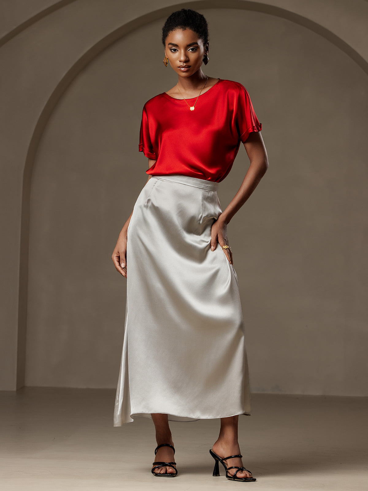 [Wine] SilkSilky-CA 19Momme Silk Round Neck Women's T-Shirt 006