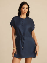 [Dark Blue] SilkSilky-CA 18Momme Silk Satin Surah Cap Sleeve Henley Neck Dress 001