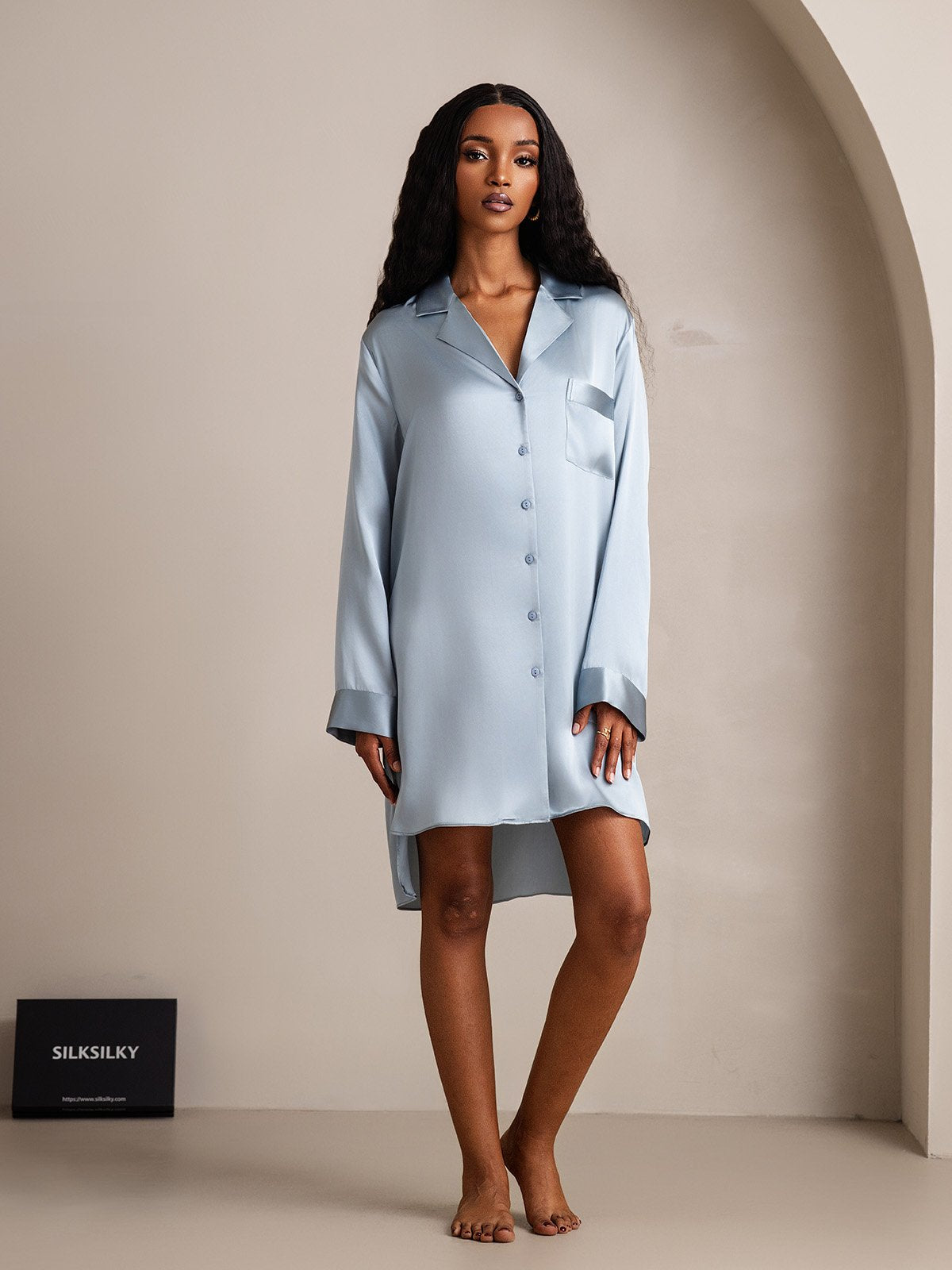 [GrayishBlue] SilkSilky-CA Pure Silk Split Nightgown 005