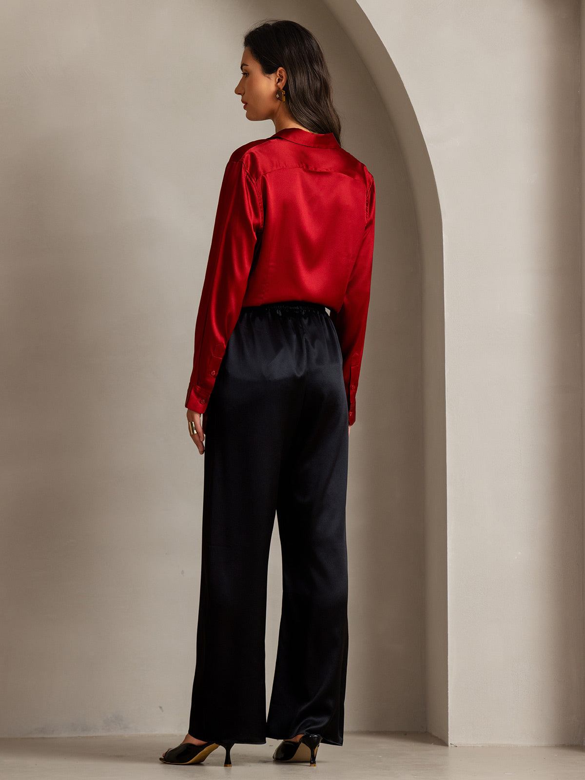 [Red] SilkSilky-CA 19Momme Stretch Silk Charmeuse Long Sleeve Lapel Collar Women's Shirt 002