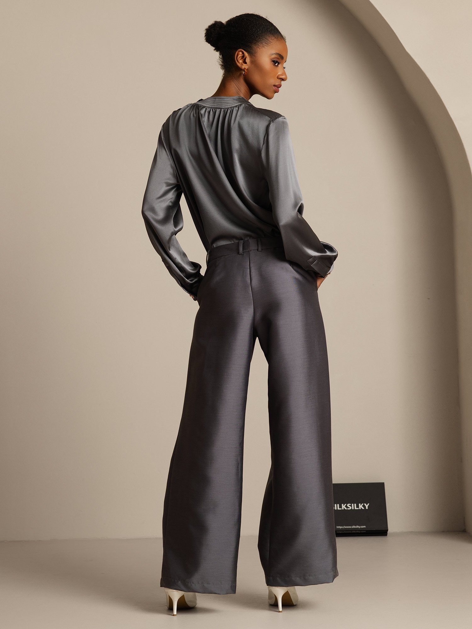 [Gray] SilkSilky-CA 32Momme Silk-Wool Blend Womens Pants 002,