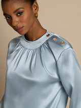 [Grayish Blue] SilkSilky-CA 19Momme Stretch Silk Charmeuse Long Sleeve Round Neck Blouse 006