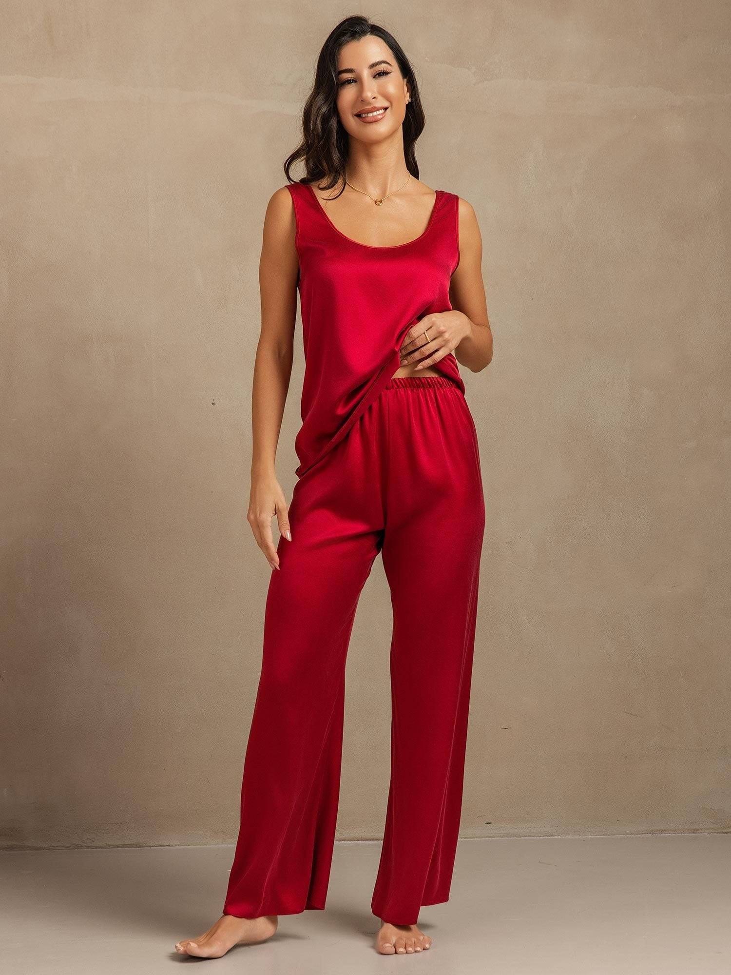 [Wine] SilkSilky-CA 19Momme Machine-Washable Silk Womens Pajamas 004