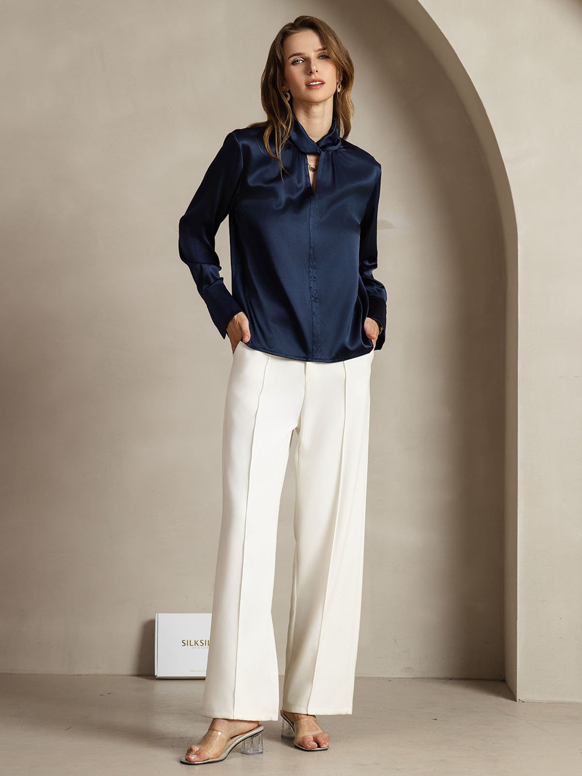 [Dark Blue] SilkSilky-CA 19Momme Silk Keyhole Neck Women's Shirt 008