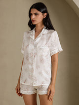 [Cream Floral] SilkSilky-CA Short Sleeve Notch Collar Women's Pajamas 003