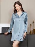 SilkSilky-CA Pure Silk Long Sleeve Lapel Nightshirt SteelBlue 002