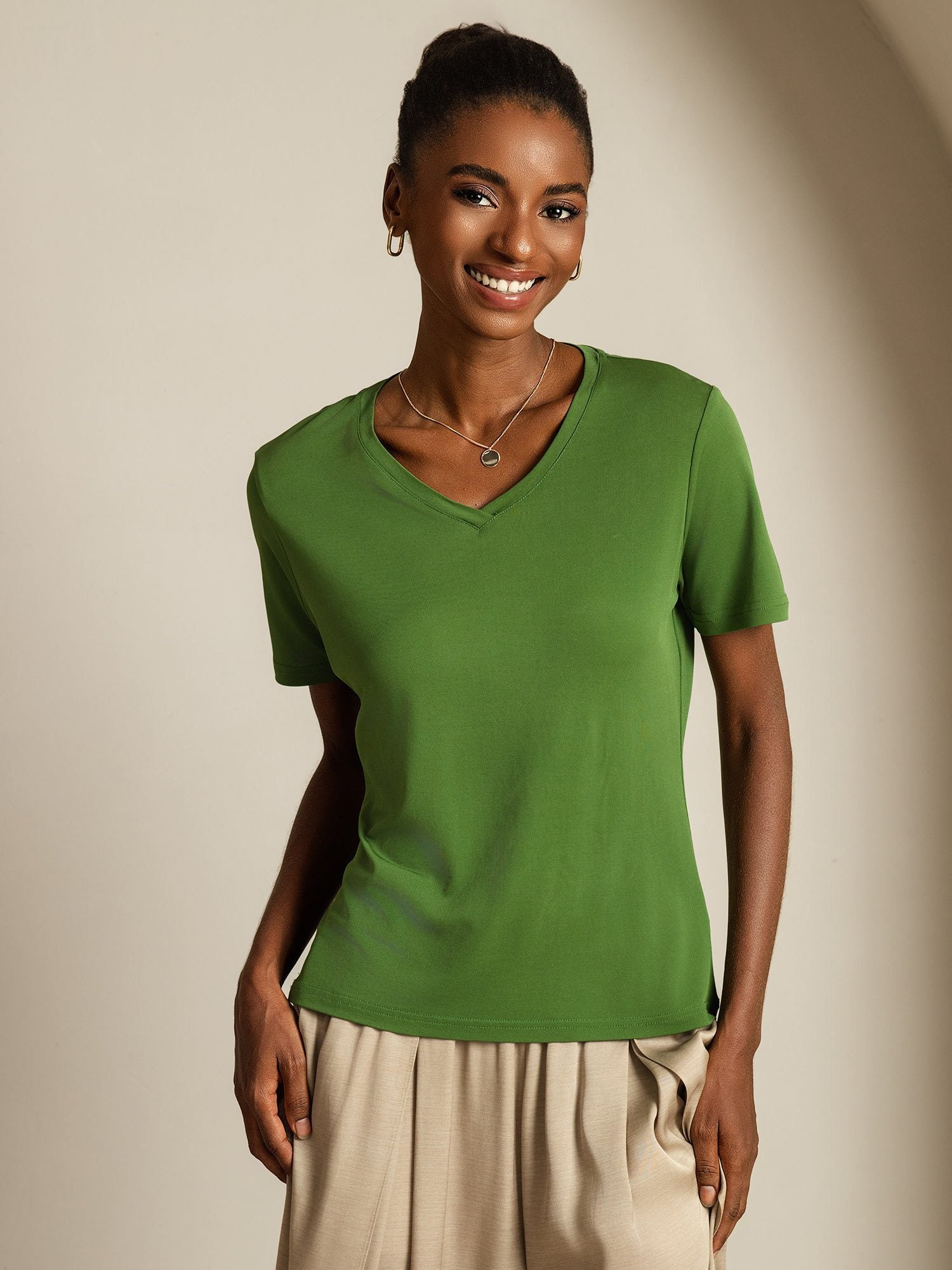 [Green] SilkSilky-CA Pure Silk V Neck Women's T-Shirt 003