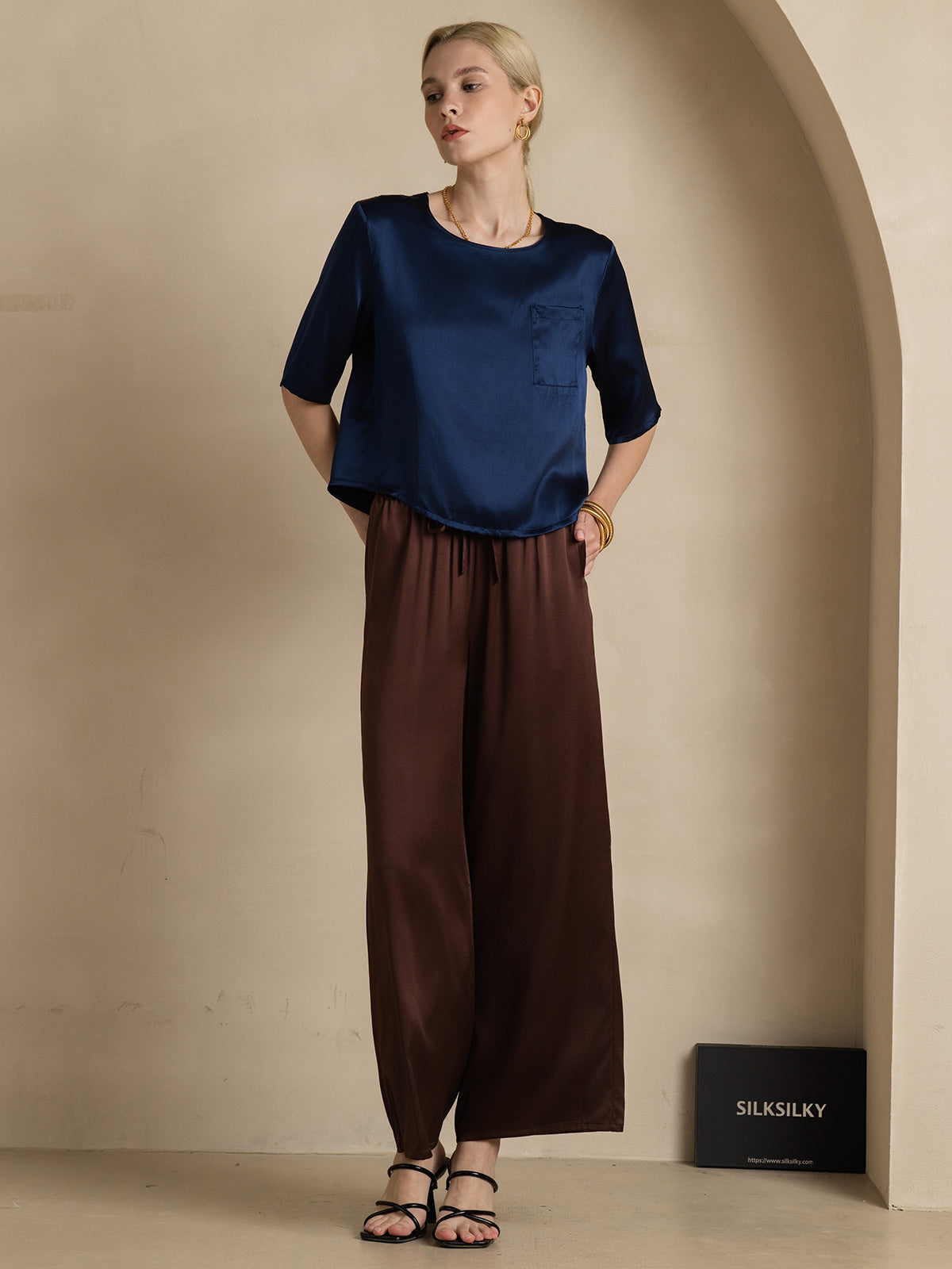 [Dark Blue] SilkSilky-CA Pure Silk Boat Neck Women's T-Shirt 007