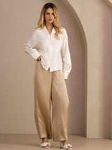 [White] SilkSilky-CA Long Sleeve Split Women's Blouse 007