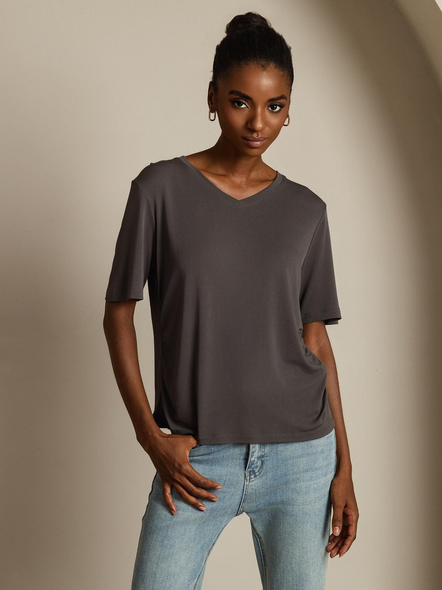 [Gray] SilkSilky-CA Pure Silk V Neck Women's T-Shirt 008