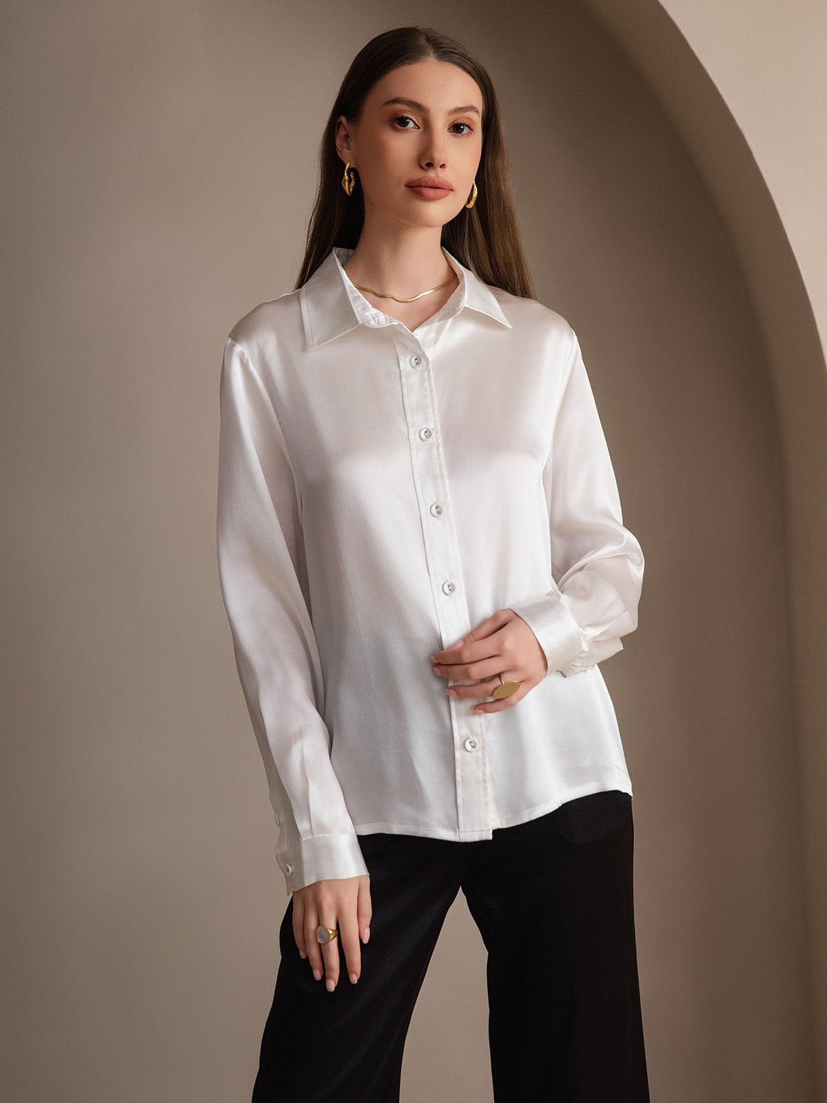 SilkSilky-CA 19Momme Silk Long Sleeve Collar Women's Shirt White 004