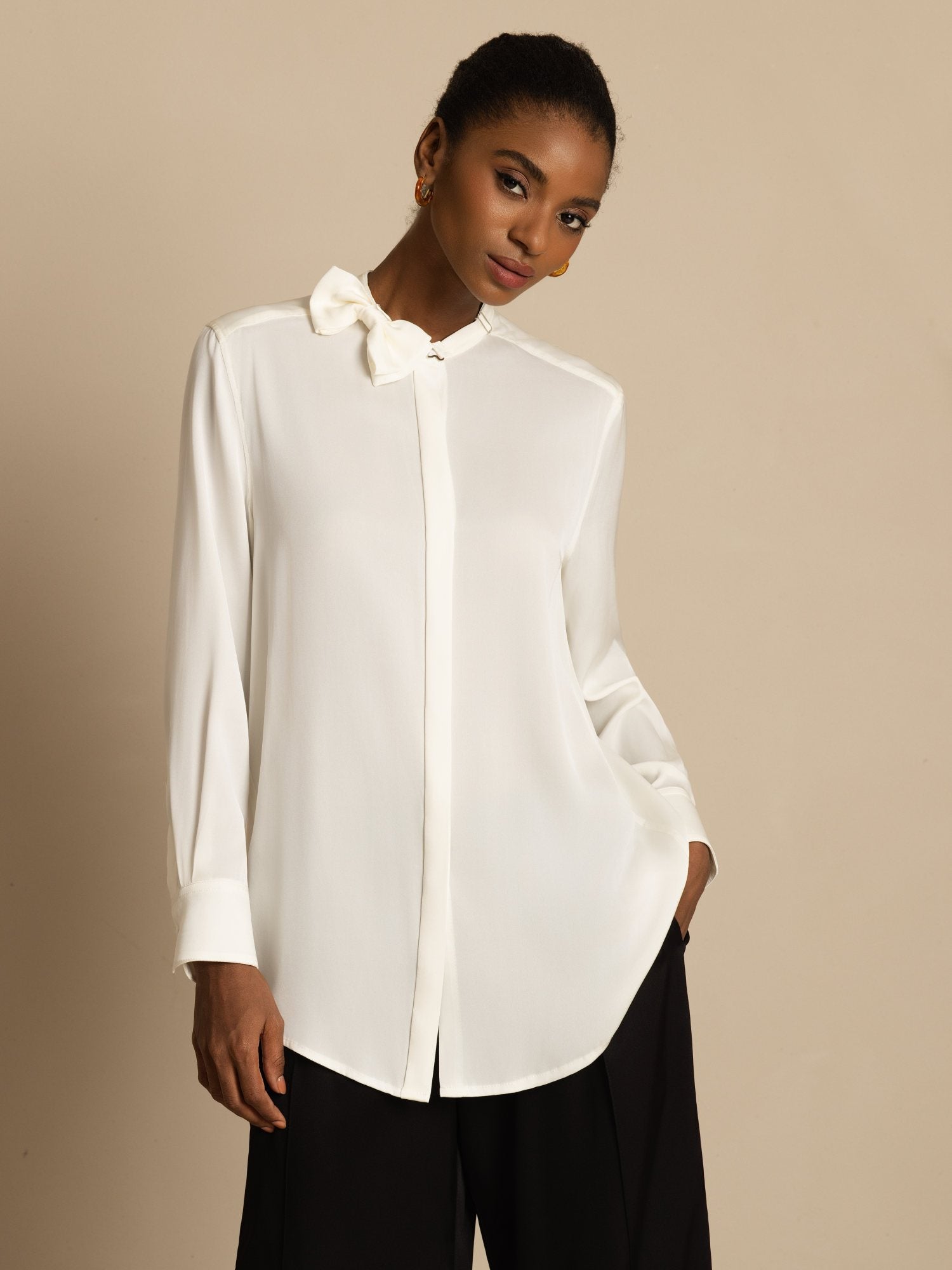 [White] SilkSilky-CA 19Momme Stretch Silk Double Georgette Long Sleeve Collar Blouse 001