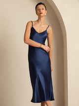 [Dark Blue] SilkSilky-CA Spaghetti Strap V Neck Dress 006