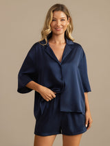 [Dark Blue] SilkSilky-CA 19Momme Machine-Washable Silk Half Sleeve Notch Collar Women's Pajamas 004