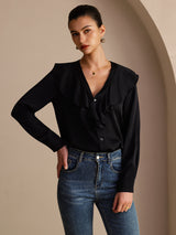 [Black] SilkSilky-CA Long Sleeve Deep V Neck Women's Blouse 004