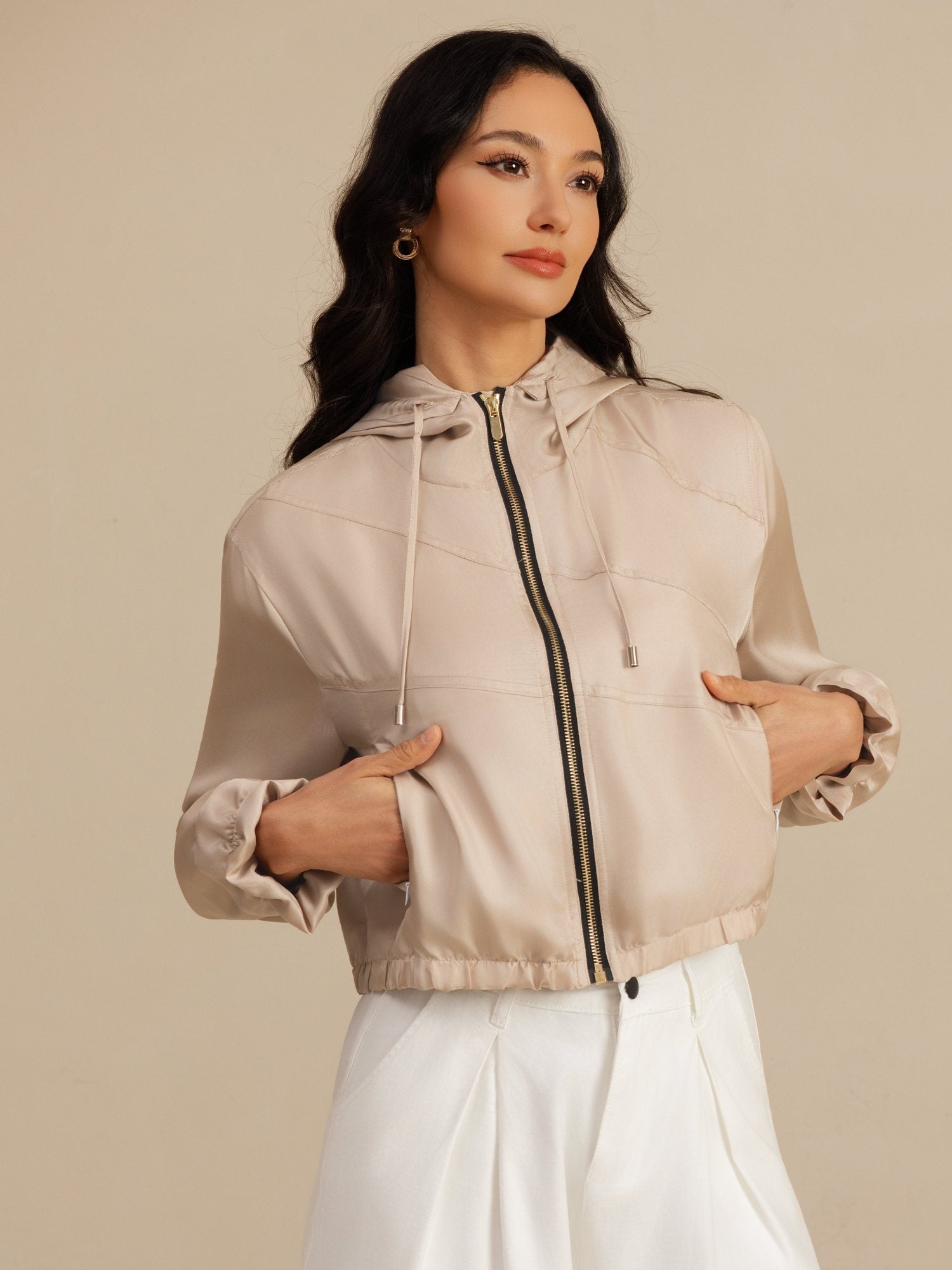 [Tan] SilkSilky-CA 18Momme Silk Satin Surah Long Sleeve High Neck Women's Outerwear 004