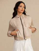 [Tan] SilkSilky-CA 18Momme Silk Satin Surah Long Sleeve High Neck Women's Outerwear 004