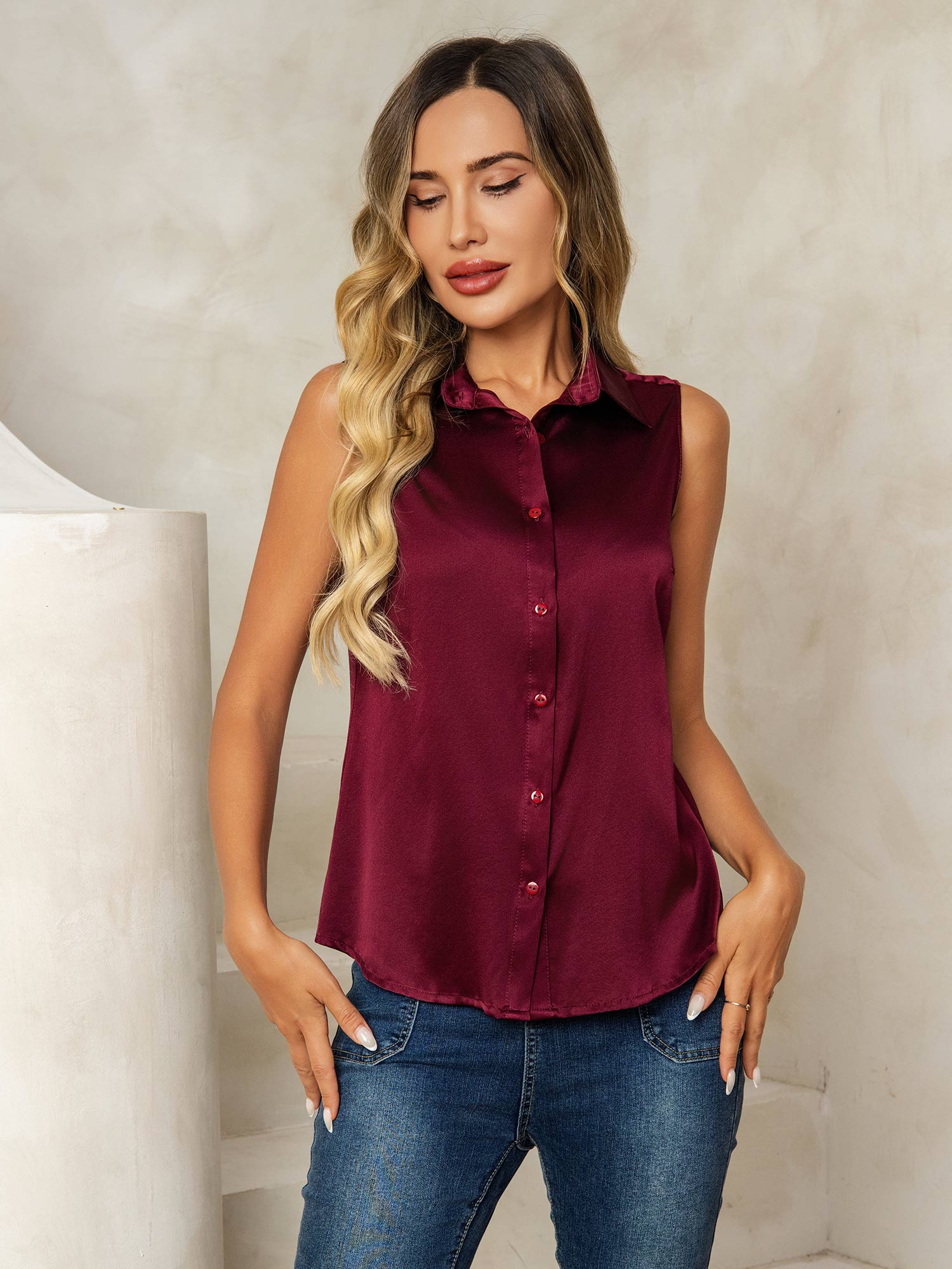 [Dark Red] SilkSilky-CA 19Momme Silk Lapel Collar Women's Shirt 005