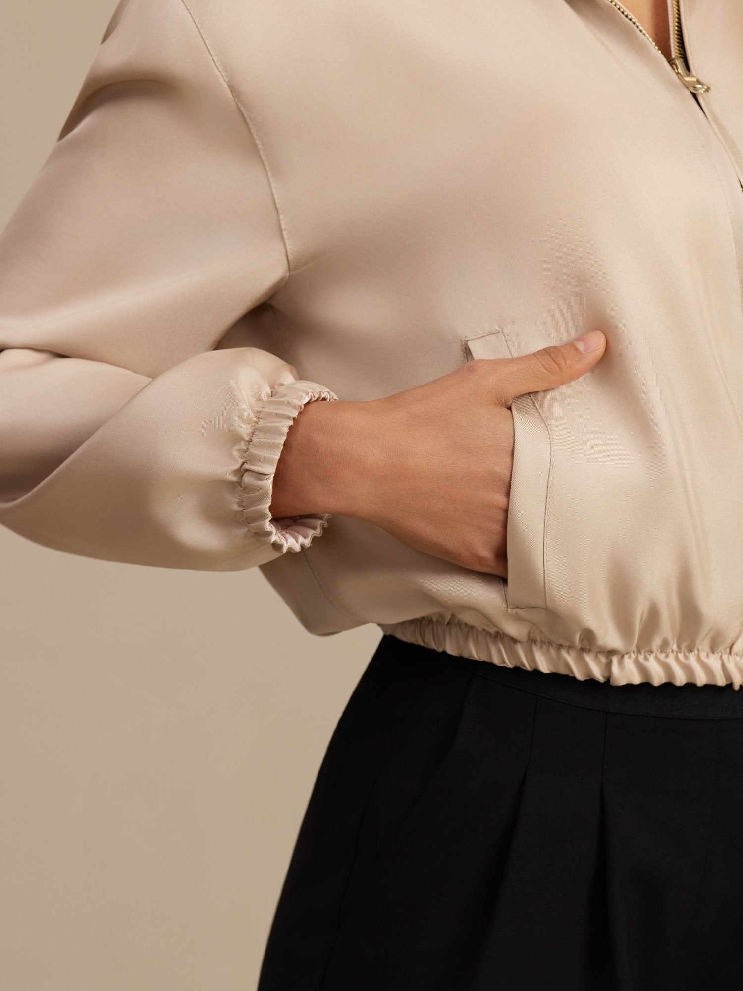 [Tan+Pink] SilkSilky-CA 18Momme Silk Satin Surah Long Sleeve Stand Collar Women's Outerwear 006