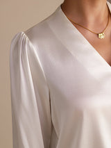 [White] SilkSilky-CA Long Sleeve Wrap Women's Blouse 004