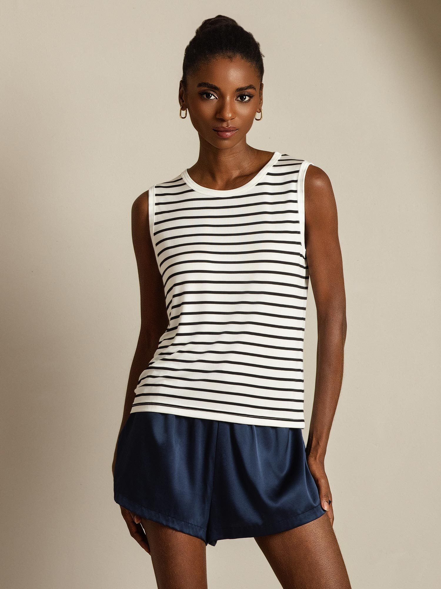 [White Stripe] SilkSilky-CA Pure Silk Sleeveless Round Neck Camisole 008