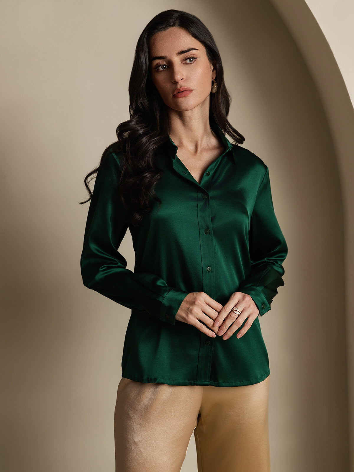 SilkSilky-CA 19Momme Silk Long Sleeve Collar Women's Shirt DarkGreen 003