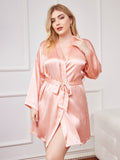 SilkSilky-CA Pure Silk Long Sleeve Deep V Neck Plus Size Robe Pink 001