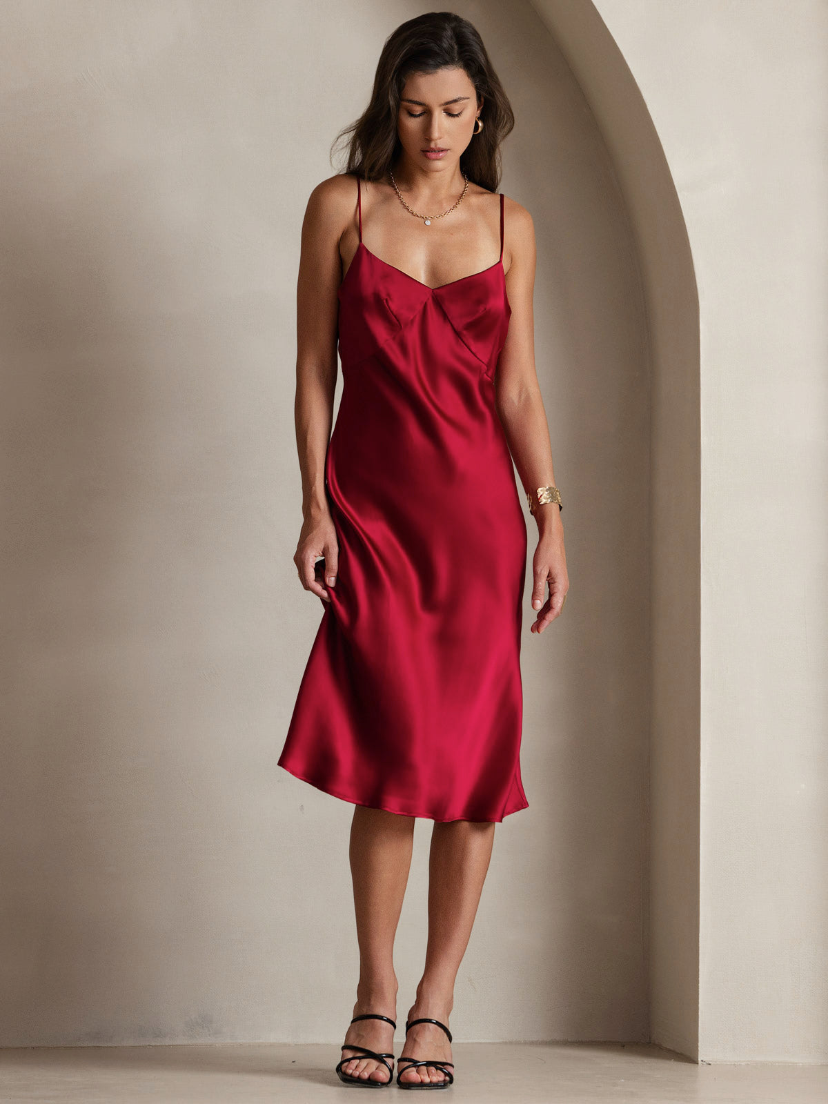 [Wine] SilkSilky-CA 19Momme Pure Silk V Neck Dress 005