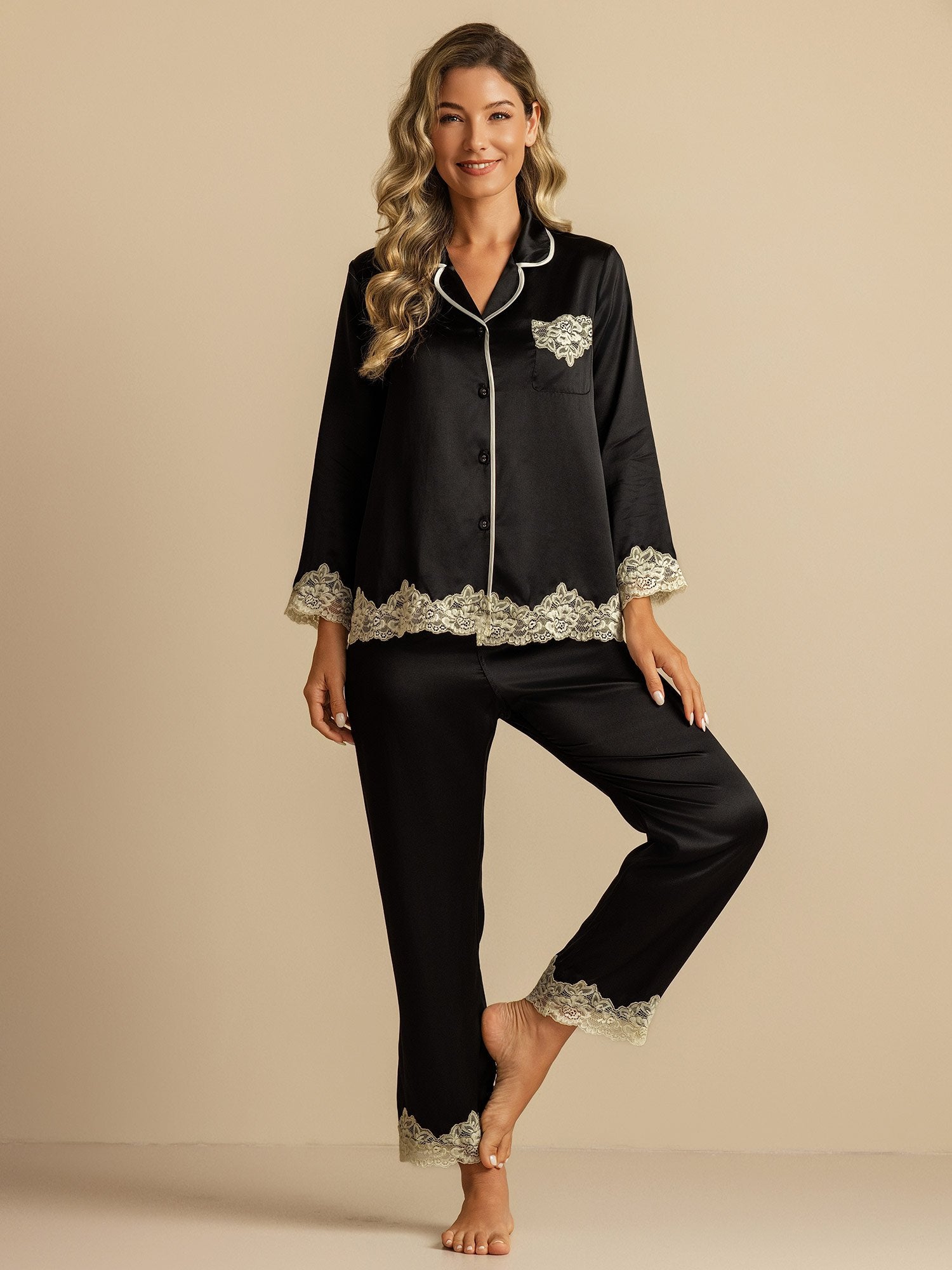 [Black] SilkSilky-CA Pure Silk Womens Pajamas 001