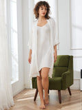 SilkSilky CA Pure Silk 3/4 Sleeve Nightgown&Robe Set White 004