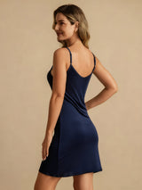 [Dark Blue] SilkSilky-CA Spaghetti Strap Round Neck Nightgown 002