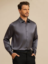 [Dark Gray] SilkSilky-CA 19Momme Stretch Silk Charmeuse Long Sleeve Lapel Collar Men's Shirt 001