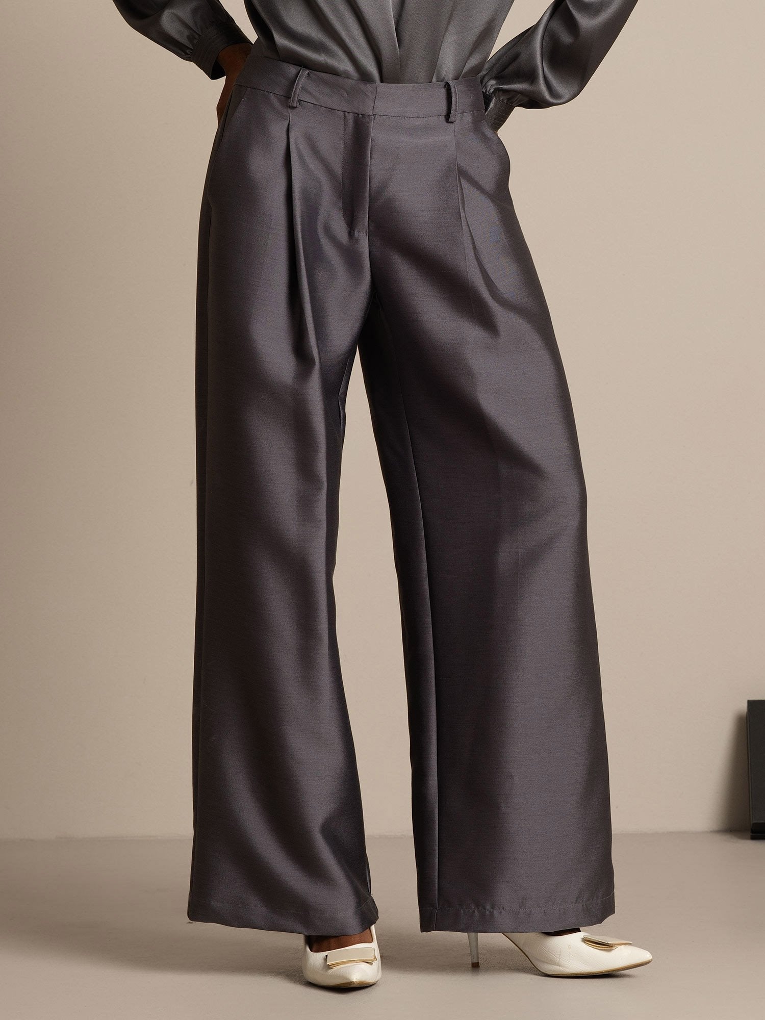 [Gray] SilkSilky-CA 32Momme Silk-Wool Blend Womens Pants 007,