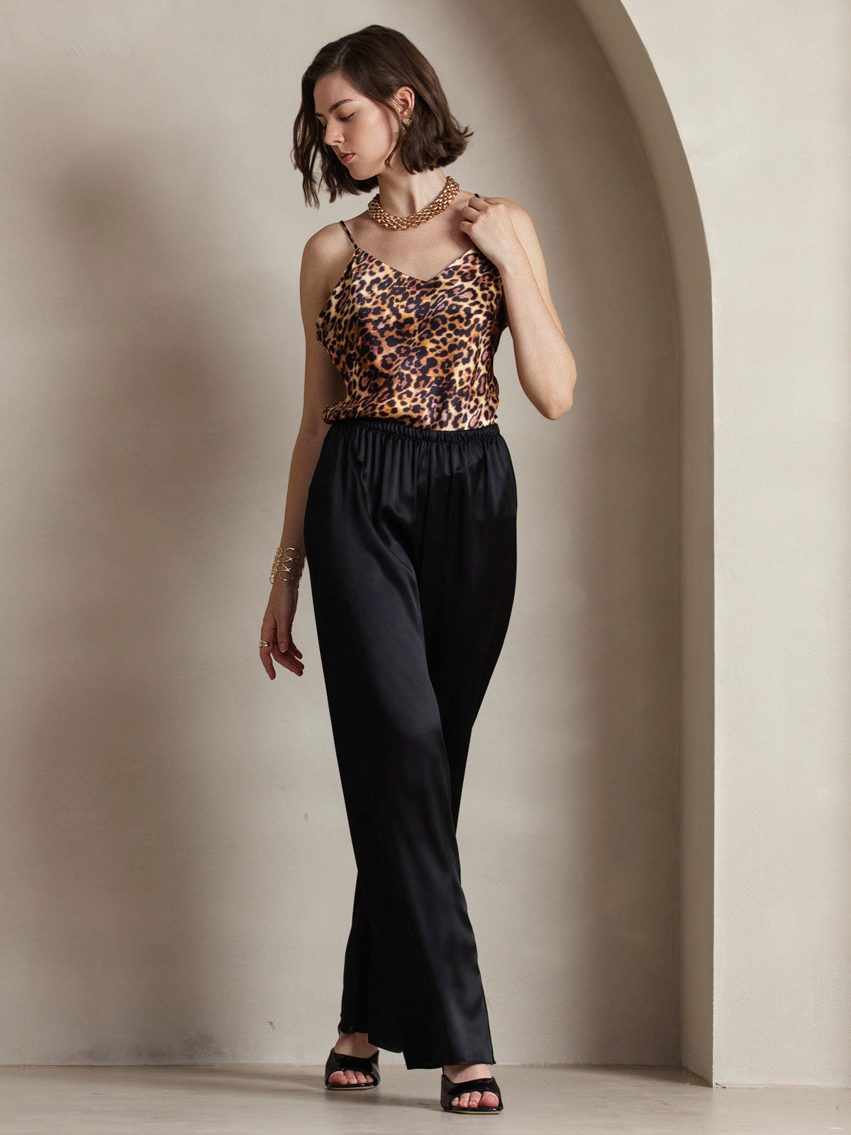 SilkSilky CA Pure Silk Sleeveless V Neck Camisole Leopard 006