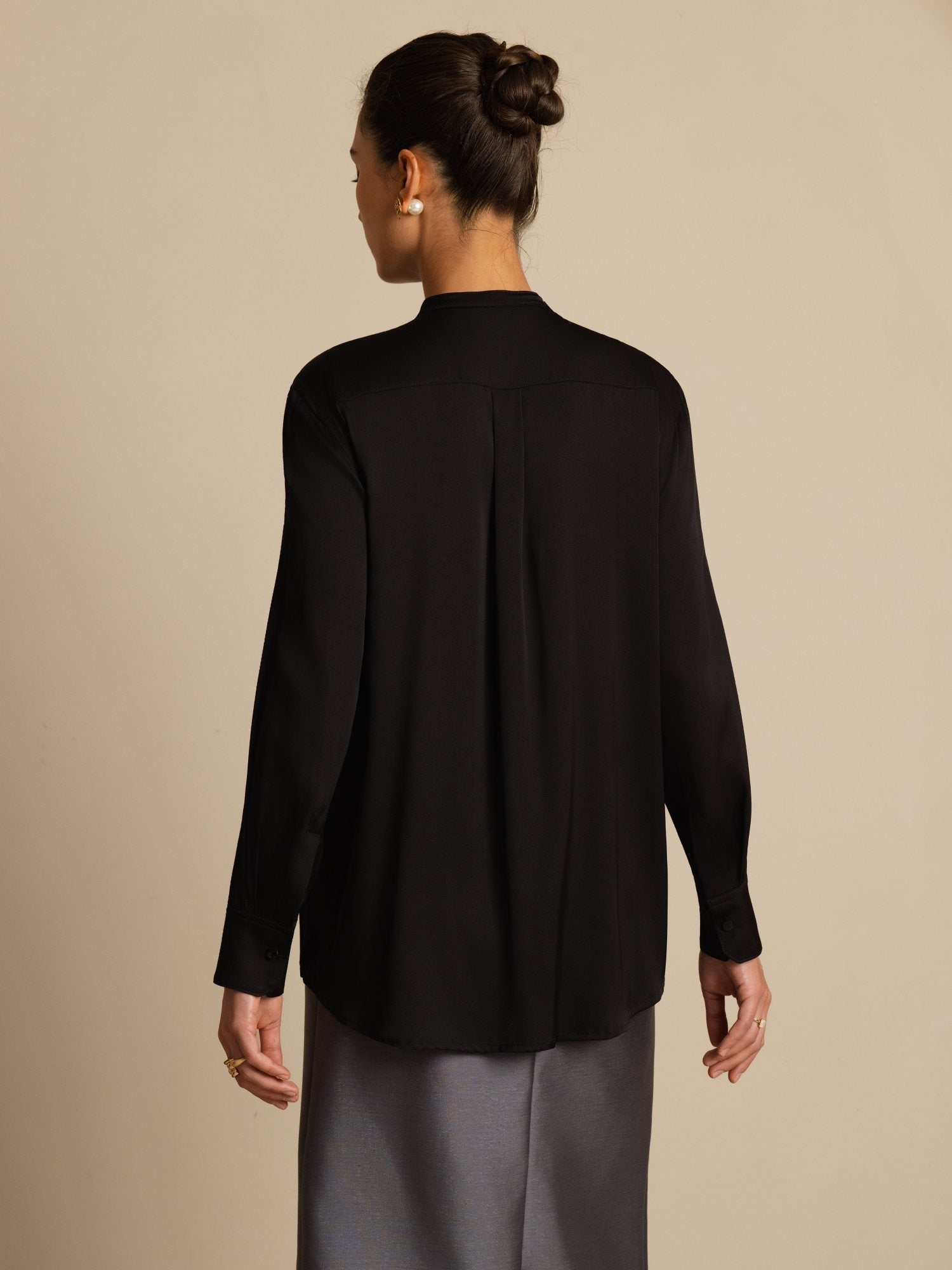 [Black] SilkSilky-CA 19Momme Stretch Silk Double Georgette Long Sleeve Collar Blouse 002